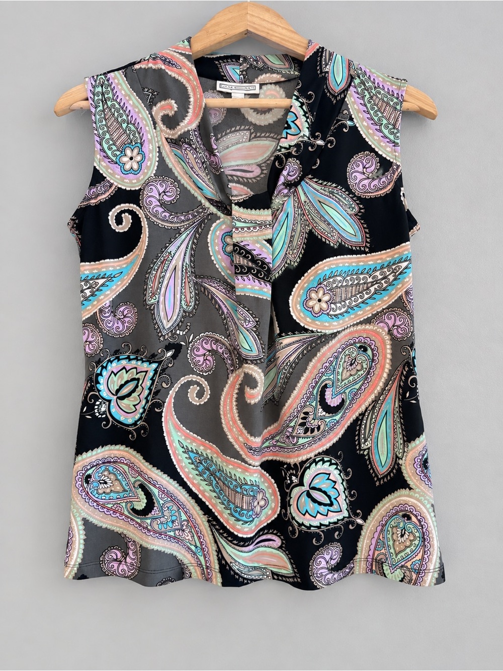 Dana Buchman Women’s Medium Paisley Sleeveless Blouse Cowl Neck Black Gray Boho